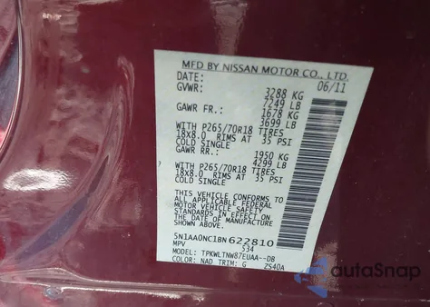 2011 Nissan Armada Sv z USA, uszkodzony, nr VIN 5N1AA0NC1BN622810